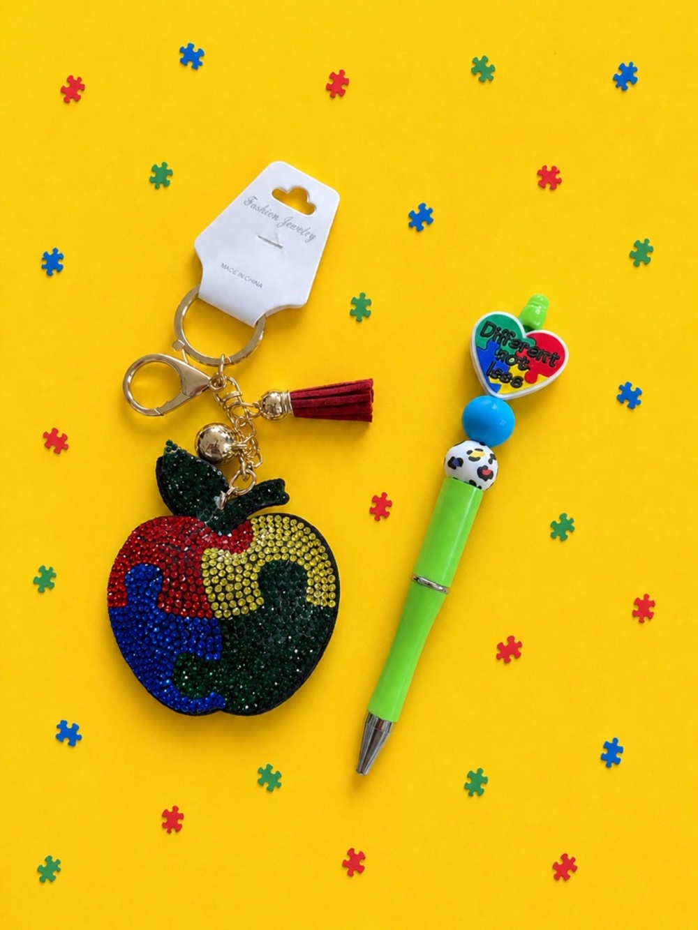 Autism Puzzle Apple Keychain & handmade autism Pen NEW